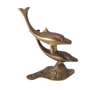 Vintage Brass Swimming Pair of Dolphins Nautical Beach House Decor